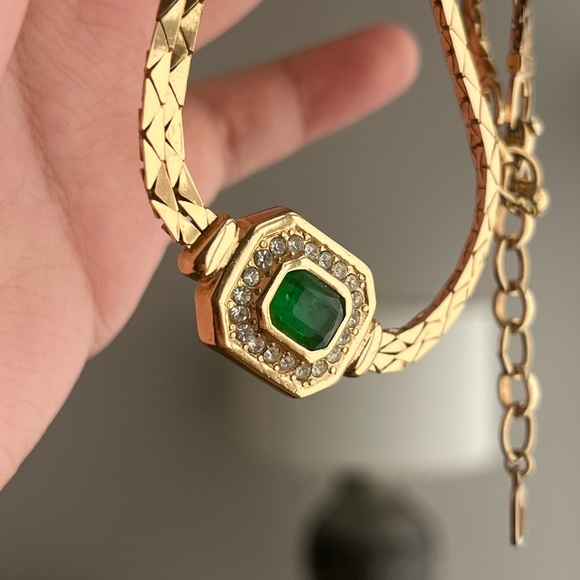 Vintage Grossé (Dior) Green Swirly Poured Glass Double Layer Gold Chain Necklace - Picture 7 of 8